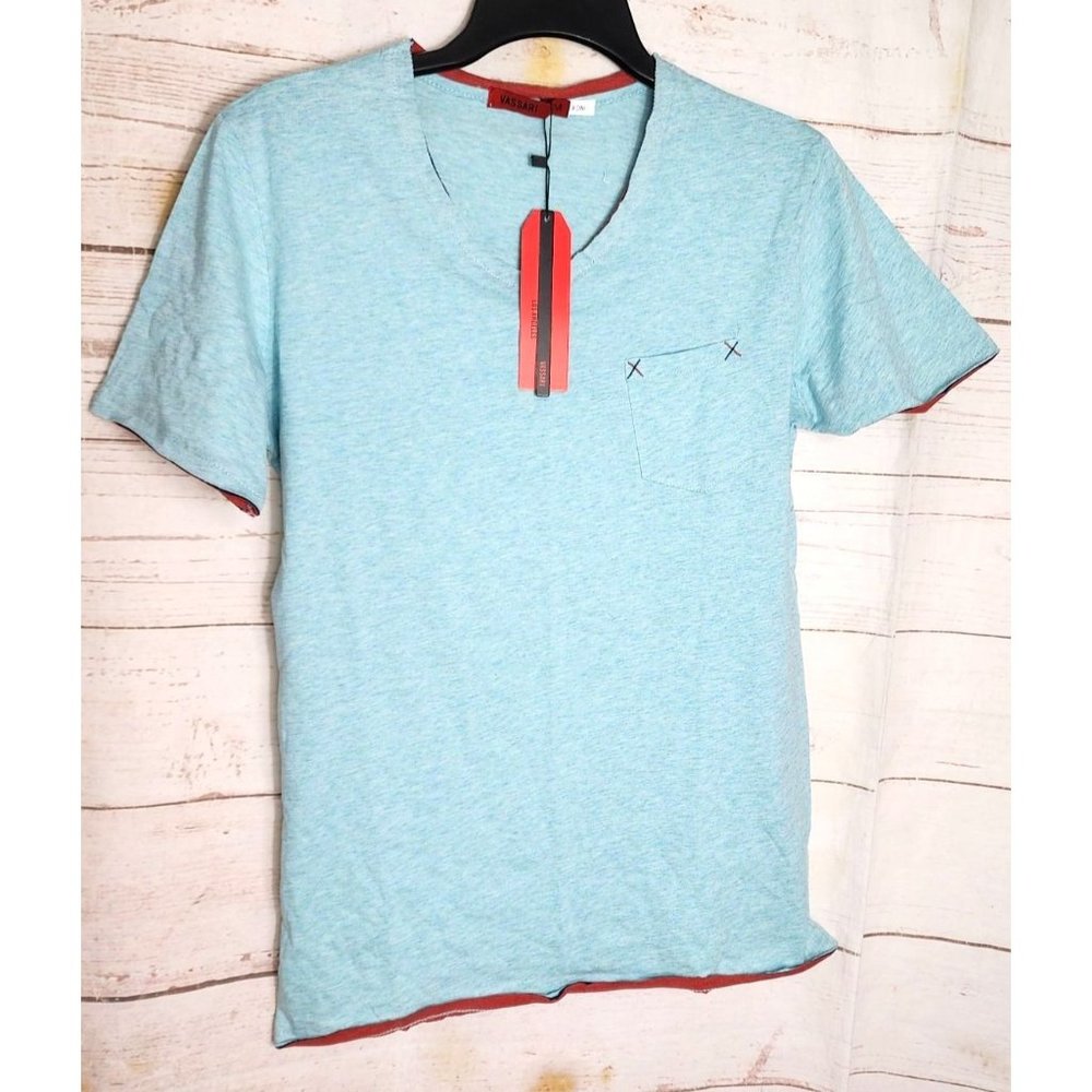 Rare Vassari Los Angeles Light Blue Crew Neck Men's Designer Shirt - Cut Edges